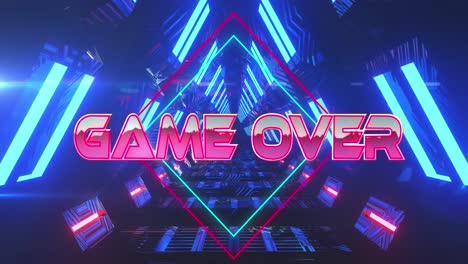 Animation-of-game-over-text-banner-over-neon-blue-glowing-tunnel-in-seamless-pattern