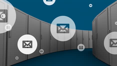 animation of social media email icons over computer servers