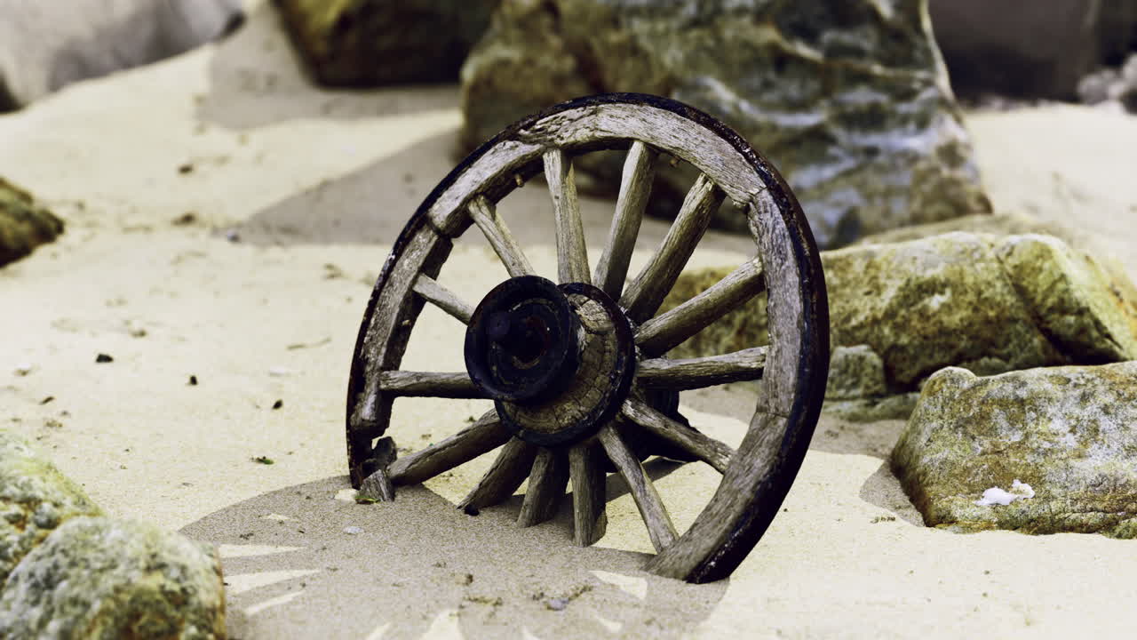 Old wooden wheel partially buried in sandy beach surrounded by rocks