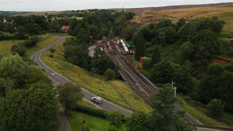 establishing drone shot over goathland train station