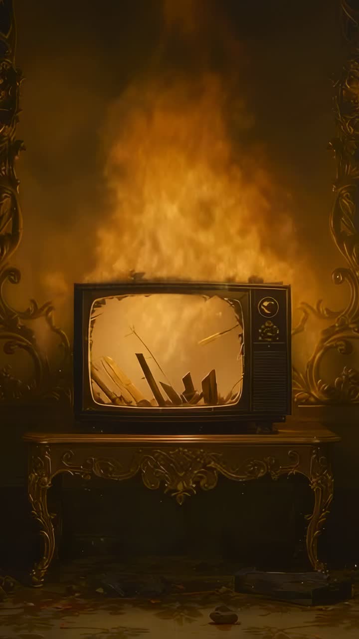 Vertical video: Cracking CRT tv sparking flames consuming table in ornate room, with glass shards
