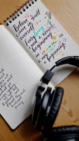 motivational notebook and headphones