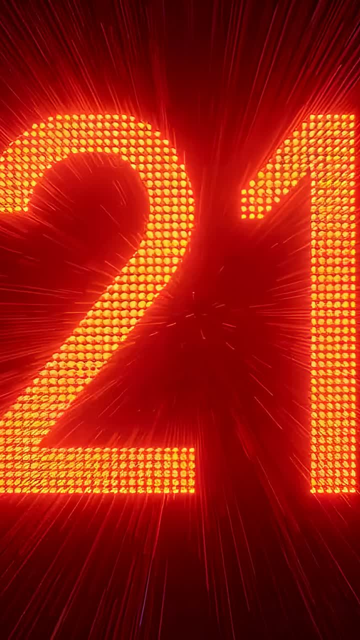 Vertical video: Pulsing LED display from frame shifts, showing 21 on red panel with amber diodes