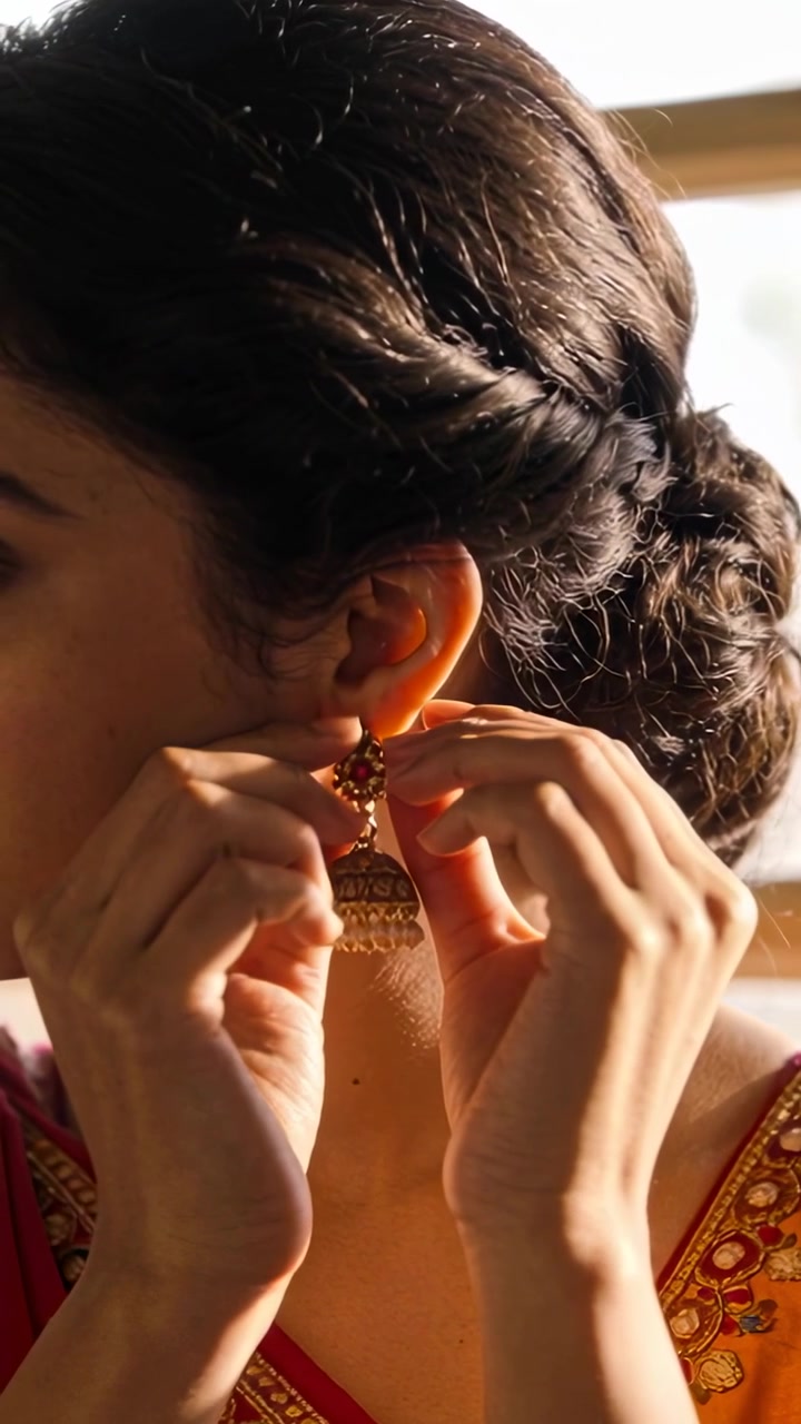 Vertical video: Fastening Indian woman blouse hands fixing gold jhumka left-ear window preparing