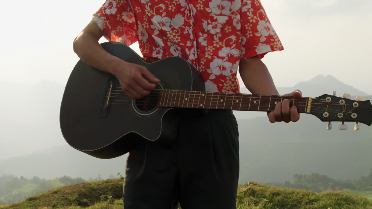 músico tocando la guitarra acústica a la luz del sol al aire libre en la naturaleza