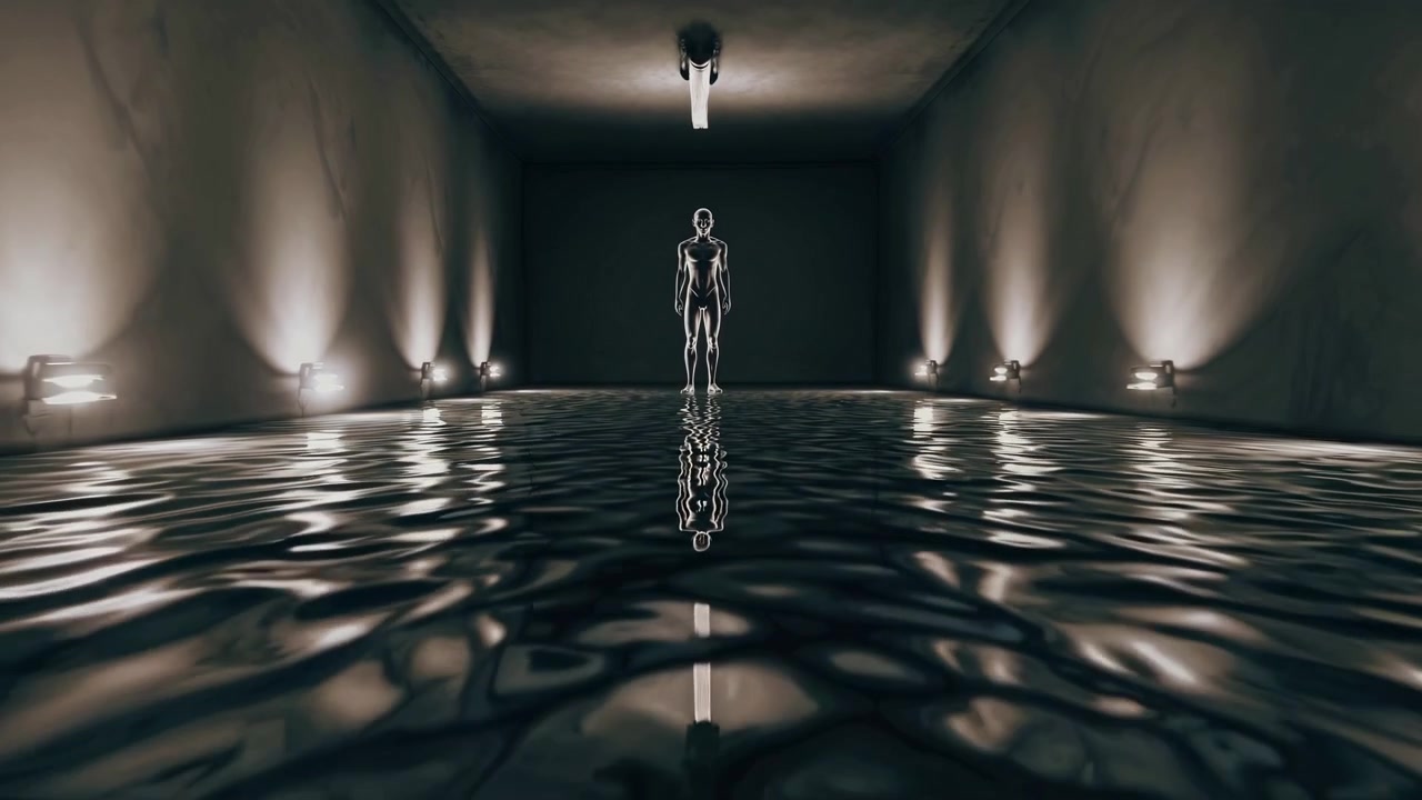 Silhouette Figure in a Futuristic, Reflective Environment