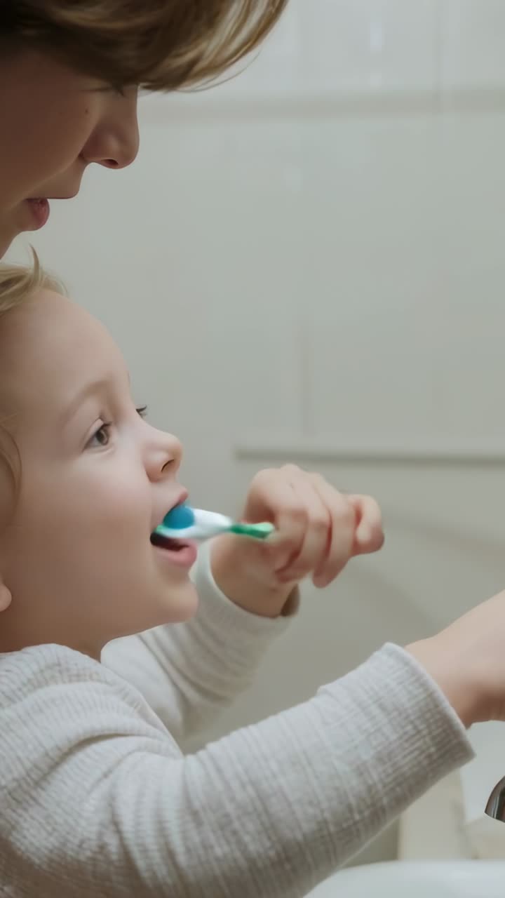 Vertical video: Leaning mother guiding child brushing teeth at home sink with toothbrush to learn