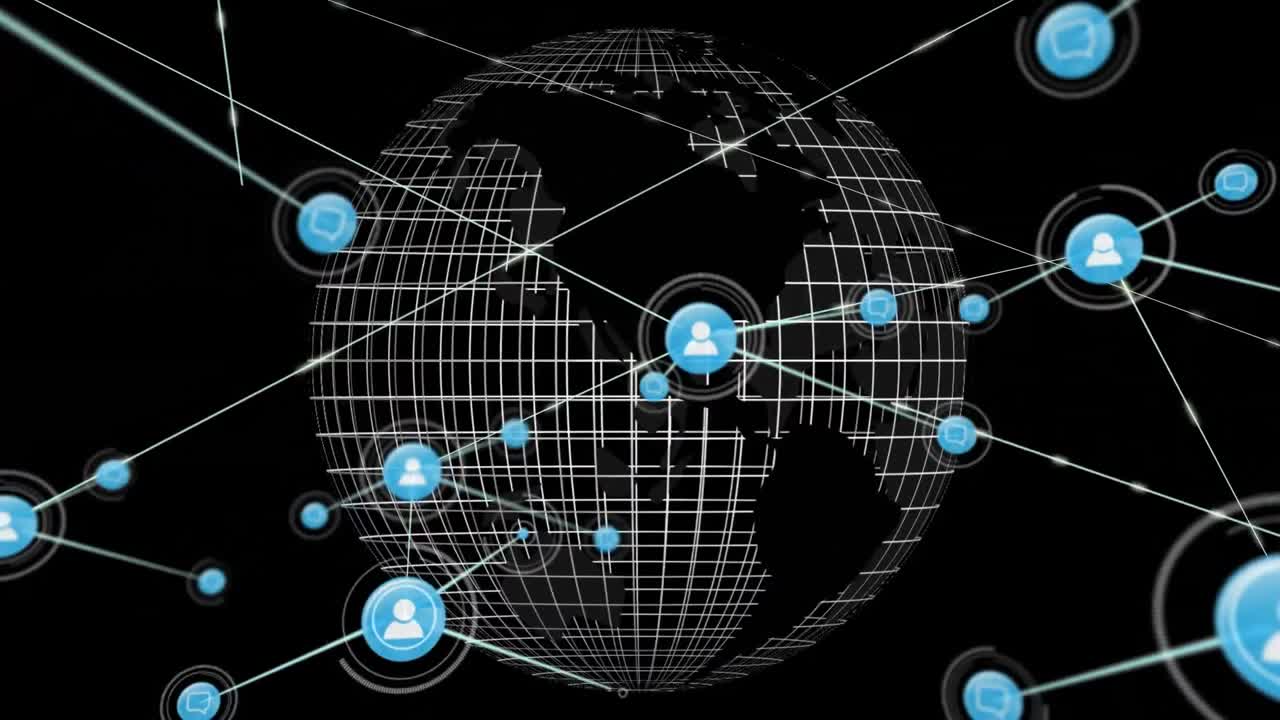 Animation of network of connections with icons and globe on black background