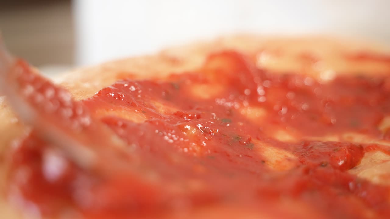 Stendere salsa di pomodoro su base di pizza, primo piano estremo al rallentatore