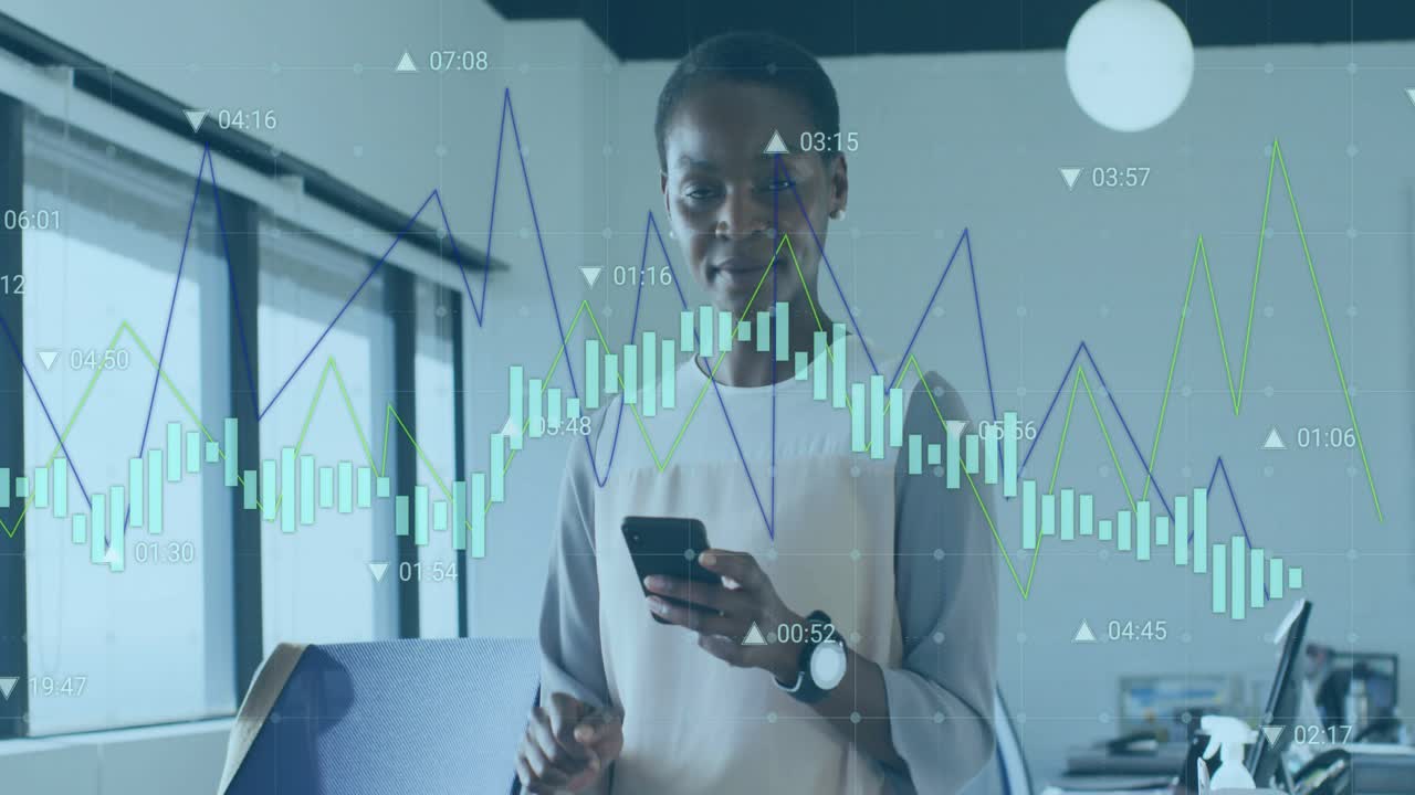 Mid-adult woman tapping smartphone, bringing up business charts overlay, analyzing trends in office