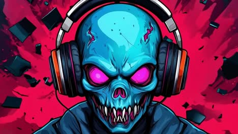 a blue skull wearing headphones with pink eyes