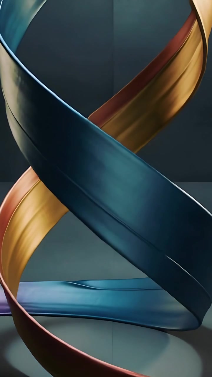 Video verticale: Tre nastri metallici che iniziano a ruotare e attorcigliarsi in uno studio buio, rivelando colori.