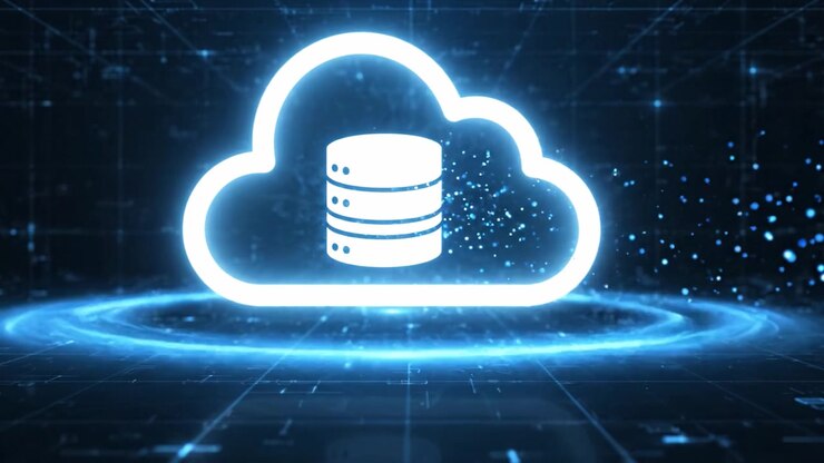 Exploring Cloud Data Management: Transition from Blue Geometric Storage to Defined Database Cloud Icon in a Digital Environment