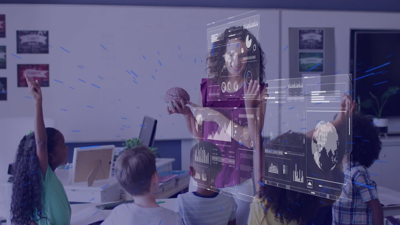 In school, teacher holding brain model with animated data processing for children