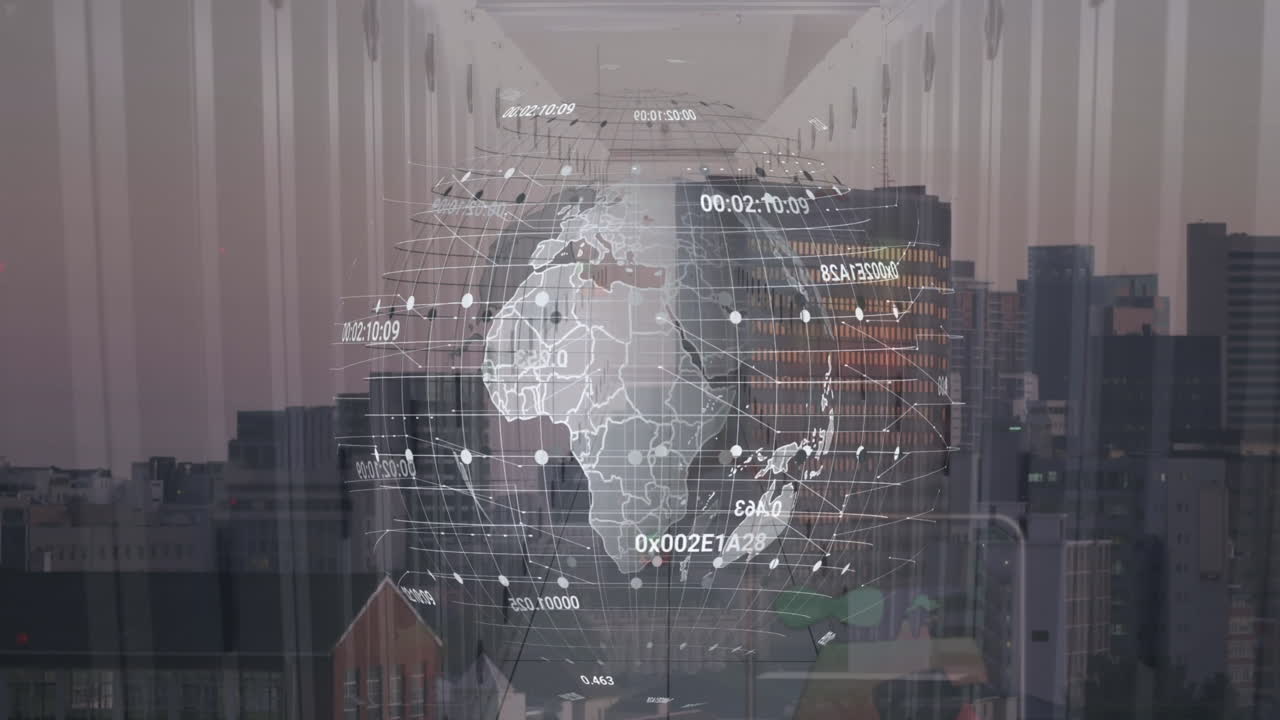 지구의 애니메이션과 도시 풍경 위의 디지털 데이터 처리