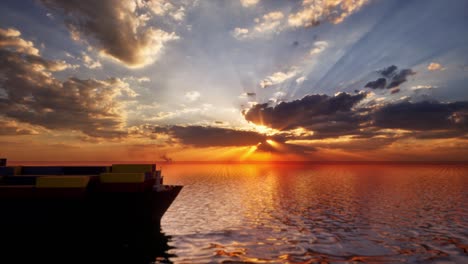 loaded container cargo ship sailing over calm sea into the sunset
