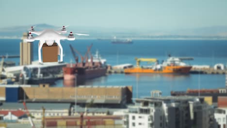 drone carrying a box in a port