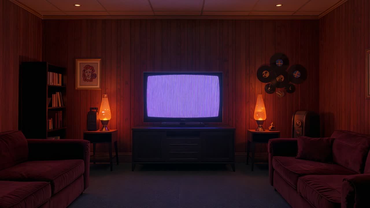 Vintage television displaying purple static upon signal loss in retro den, with glowing lava lamps