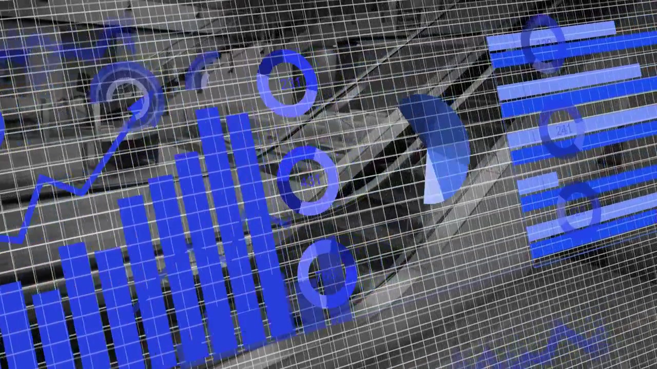 Grid appearing initiating blue data visuals forming, bars rising, line tracing up to show trends