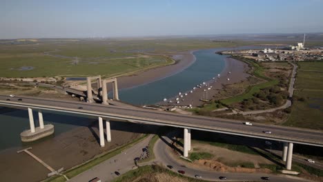 panoramic view of sheppey crossing and kingsferry bridge over the swale in southeast england