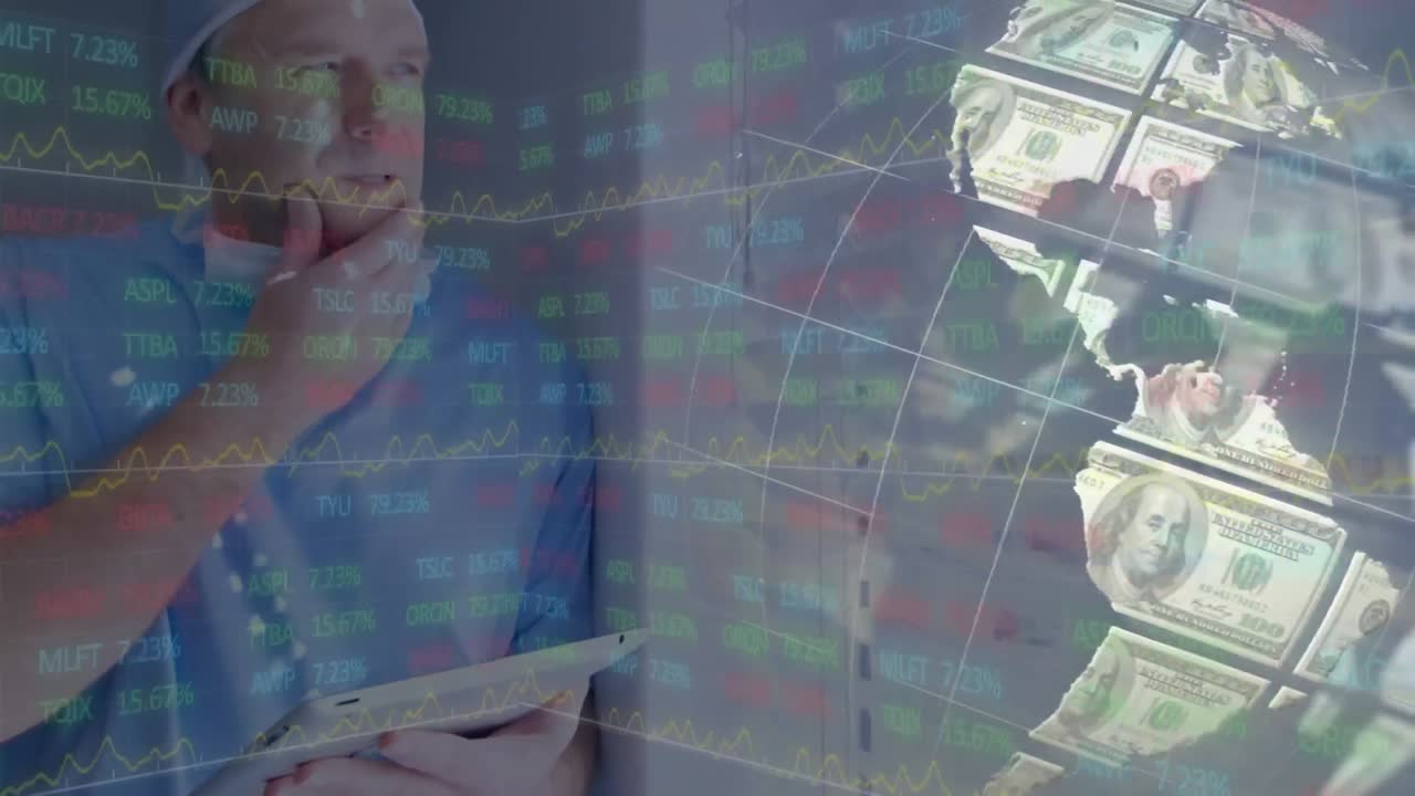 animación del globo formado con dólares y procesamiento de datos con un trabajador de la salud en el fondo