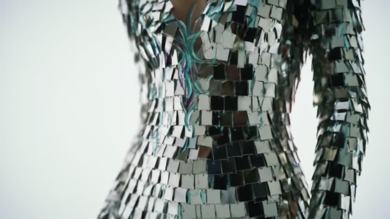 A Dazzling Display of Fashion Innovation Showcasing a Shimmering Outfit Made of Reflective Material, Capturing the Essence of Modern Style and Artistic Expression