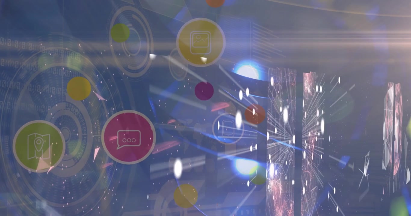 Animazione di icone digitali e uno scanner circolare su schermi di una rete di connessioni.