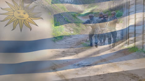 animation of flag of uruguay over diverse male soldiers