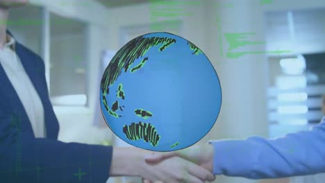 animation of hand drawn globe and data processing over businesswoman and colleague shaking hands