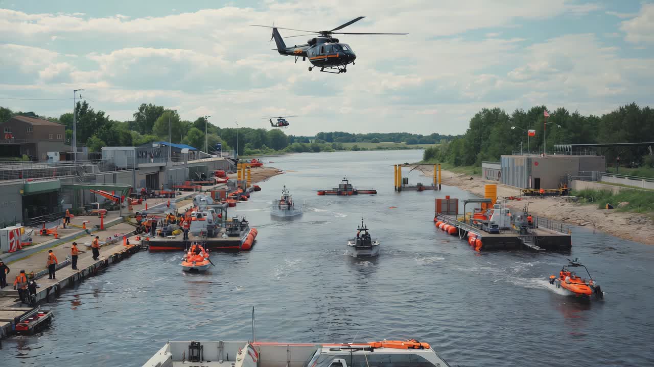 Helicopters and Boats in River Rescue Training Exercise