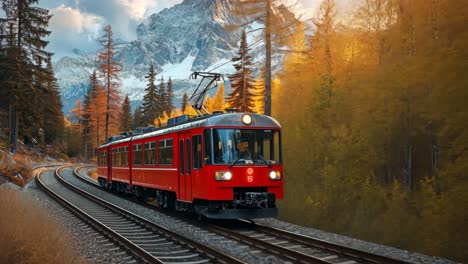 red train travels through scenic mountain landscape during autumn