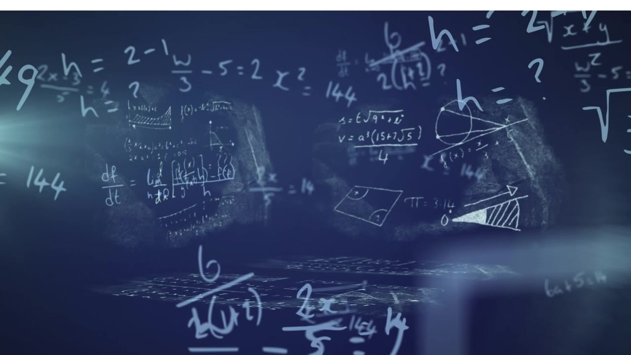 Animazione di punti rossi su sfondo blu navy con formule matematiche.
