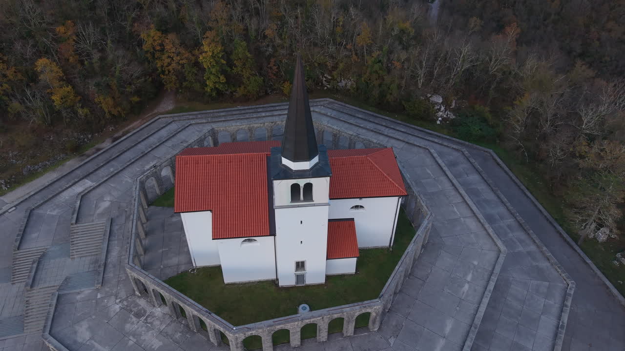St Anton Church and Kobarid Ossuary memorial aerial view