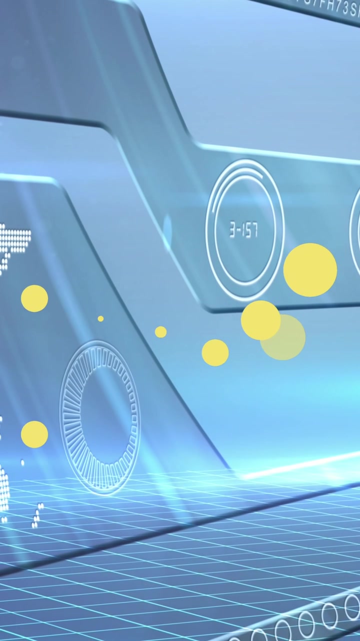 Animation af gule prikker, grafer og diverse databehandling på marineblå digital skærm