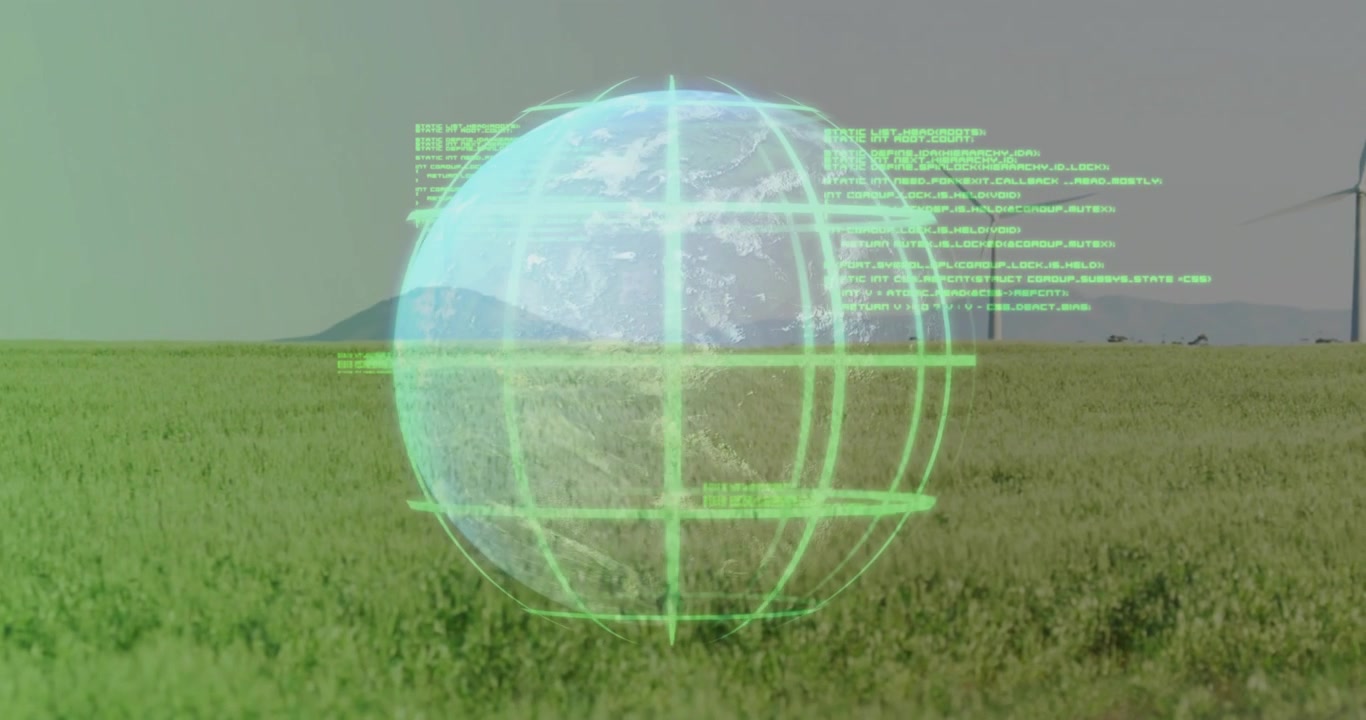 Globo che appare sull'erba, con codice scorrevole rotante, turbine che si innalzano e una griglia pulsante che visualizza energia.