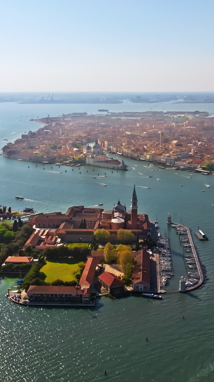 Aerial drone view of the Venetian Lagoon, Italy on a sunny day. Vertical