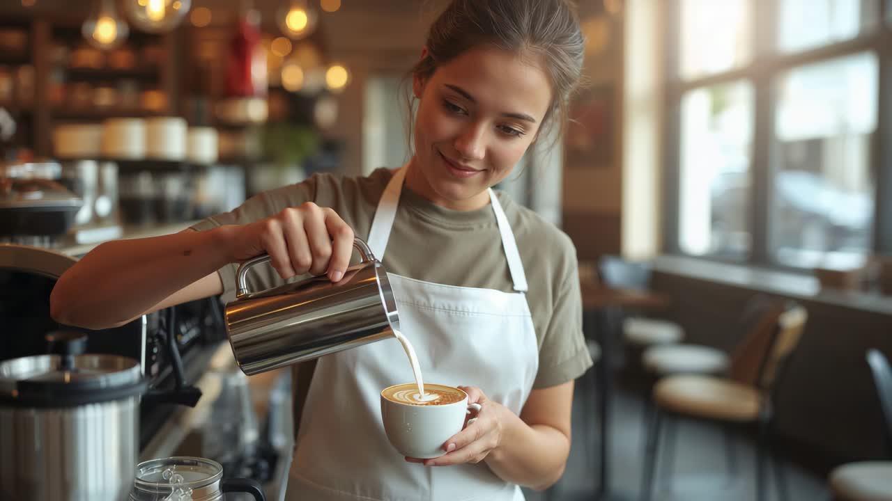 Pouring barista wearing apron making latte art behind bar after steaming, holding milk pitcher