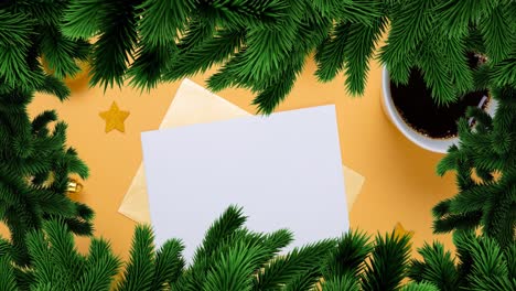 Animation-Eines-Weihnachtstannenbaumrahmens-über-Einem-Blatt-Mit-Kopierraum-Und-Kaffee-Auf-Gelbem-Hintergrund