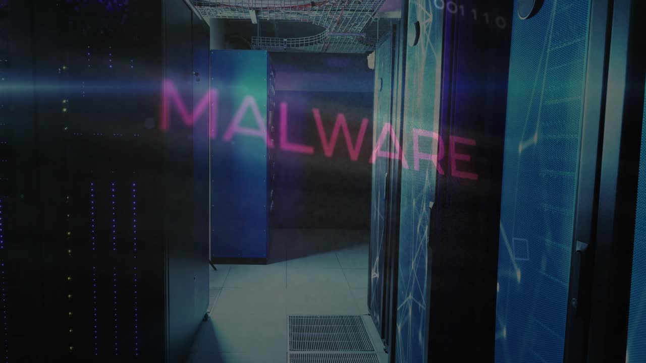Initial 'MH' glyph appearing, letters forming MALWARE, pulsing over server racks, signaling breach