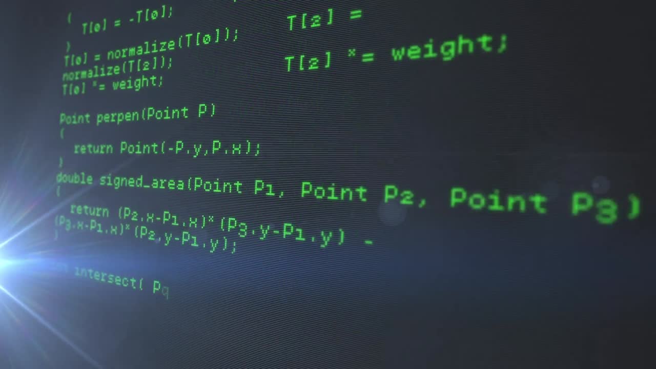 Animation of light trails over data processing on black background