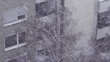heavy snow fall with building in the background
