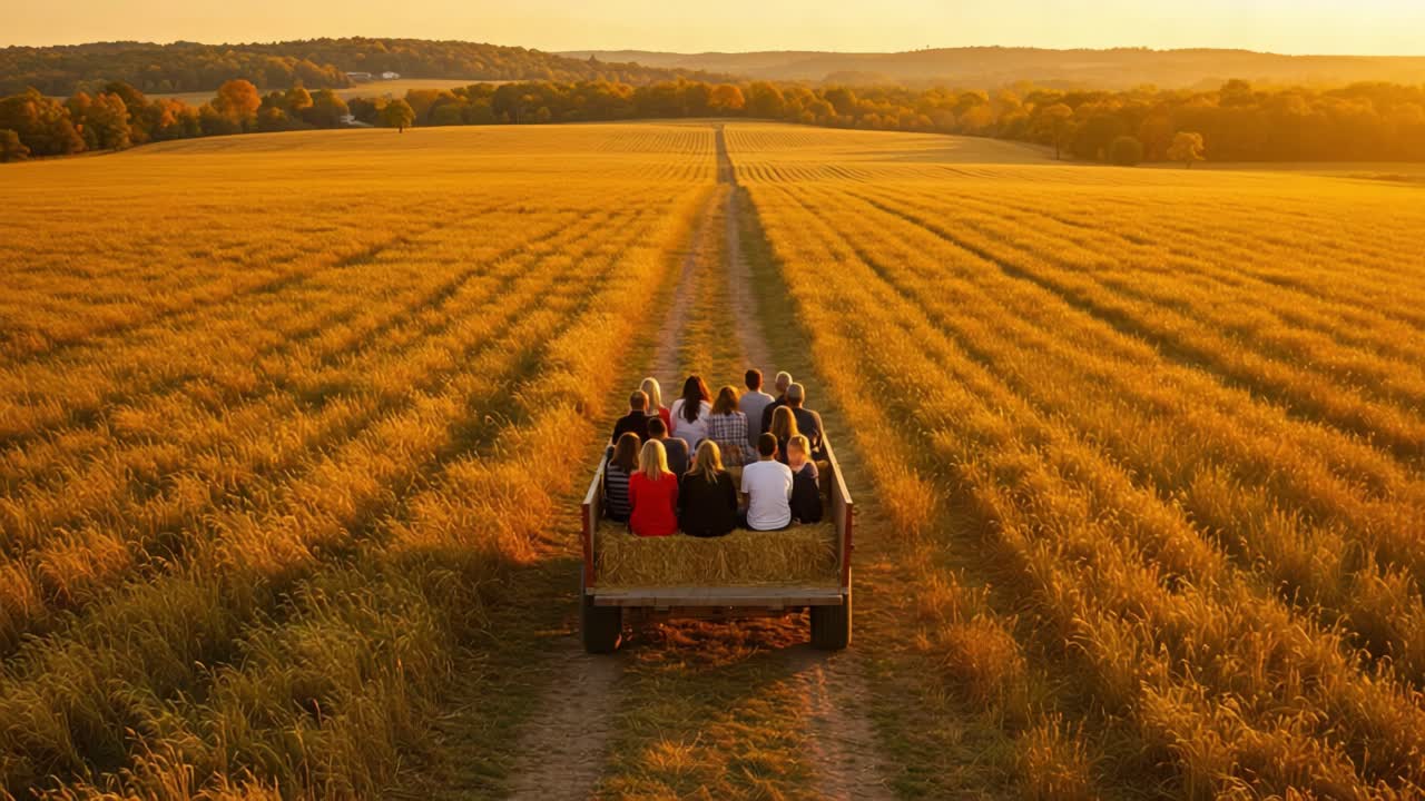 People Riding in a Wagon Through Golden Wheat Fields at Sunset