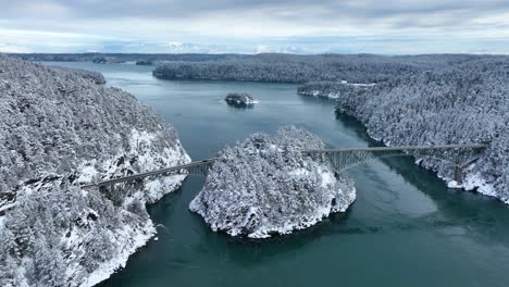 wide aerial view of deception pass bridge on whidbey island