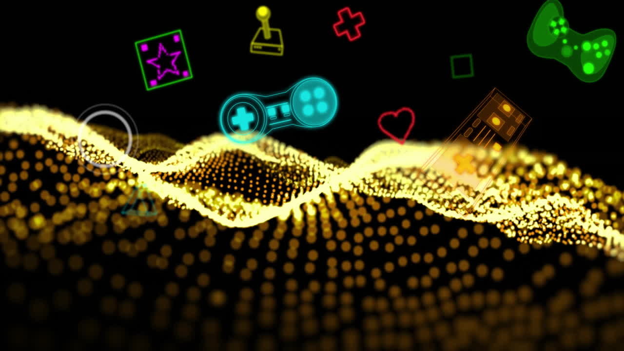 Gaming icons and symbols animation over golden particle waves