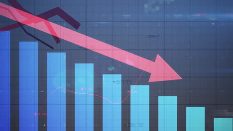 animación de las estadísticas con flecha roja apuntando hacia abajo y procesamiento de datos financieros