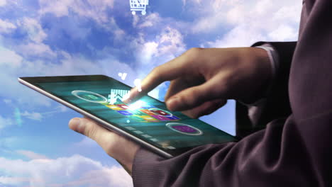 Businessman-using-tablet-to-view-holographic-apps