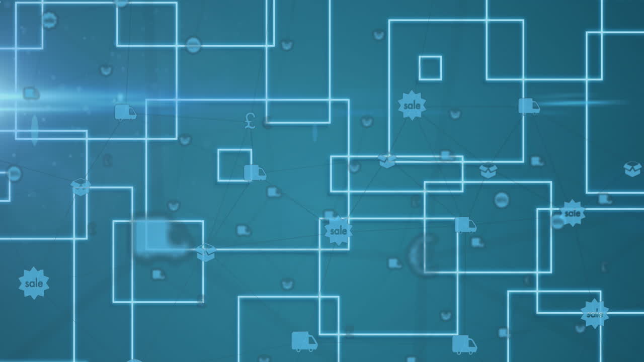 animación de la red de conexiones con iconos de compras en línea y contornos cuadrados
