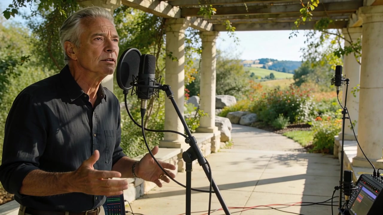 Anziano che canta in camicia scura, intonando la prima nota nel microfono sotto un pergolato, in fase di registrazione.