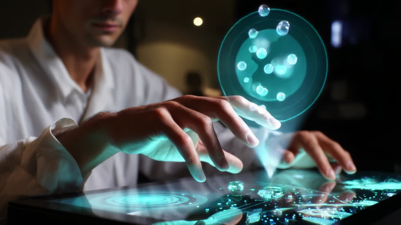 A futuristic interaction with a holographic interface showcasing dynamic elements such as floating bubbles and a 3D representation of Earth, blending technology with visual art in an immersive experience