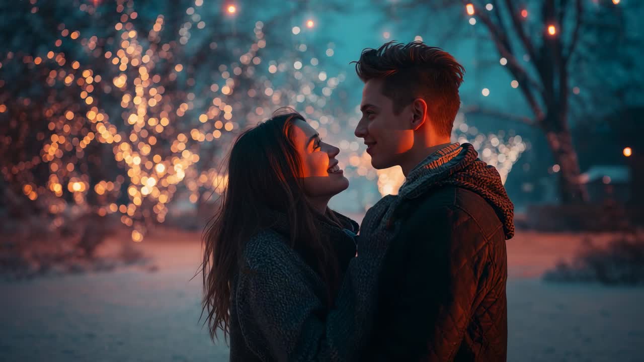 Walking into snowy park, couple wearing coats meeting foreheads smiling under string lights at dusk